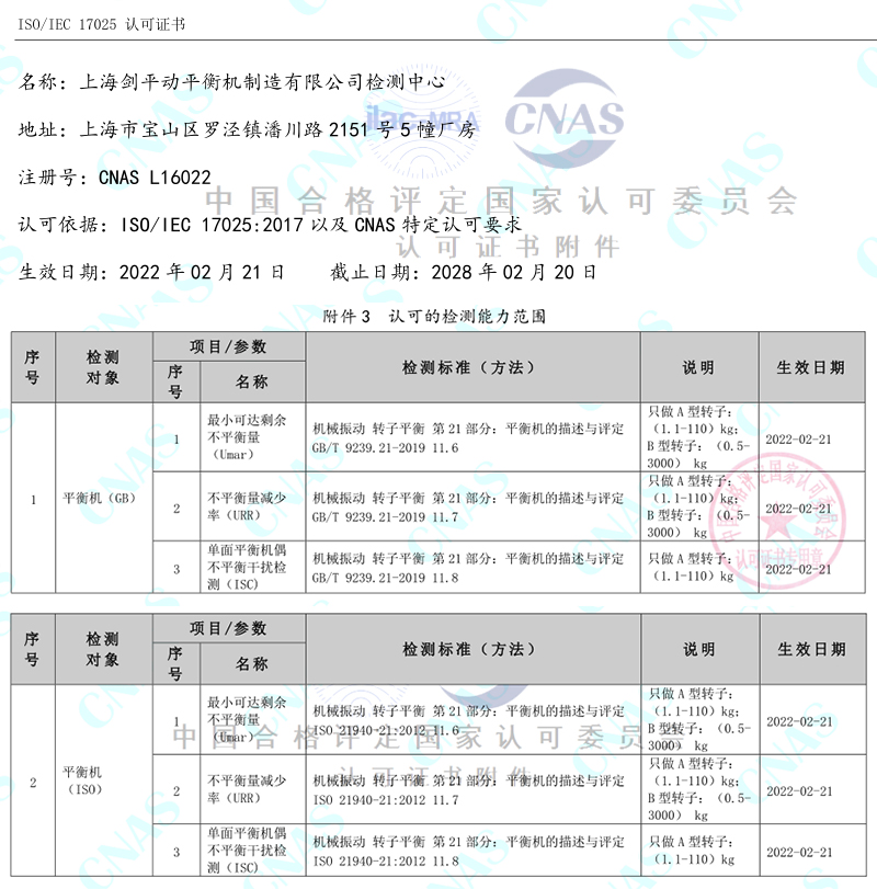 上海劍平動(dòng)平衡機(jī)CNAS實(shí)驗(yàn)室認(rèn)證能力